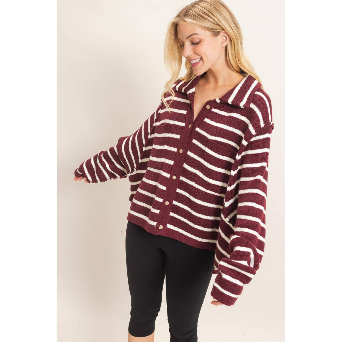 Striped Button Front Cardigan- Wine