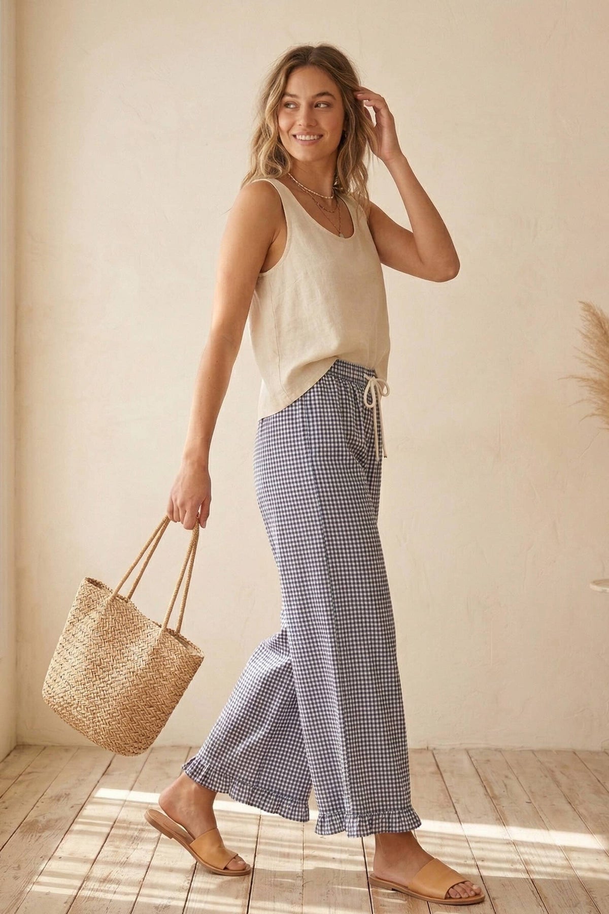 Checkered Gingham Fully Lined Pant- Red