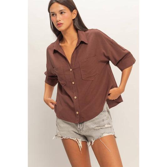 Button-Up Collared Short Sleeve Shirt-Chocolate
