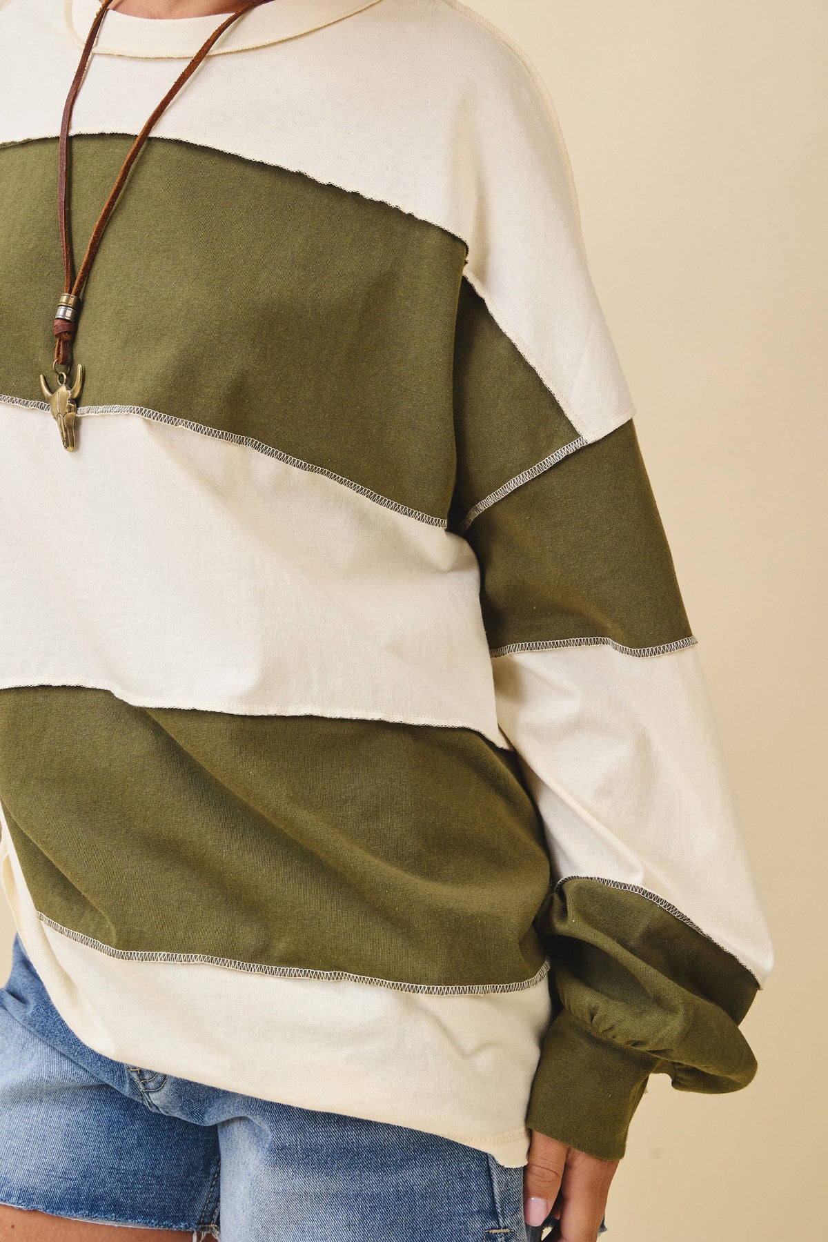 Oversized Color Block Long Sleeve Pullover-Butter Olive