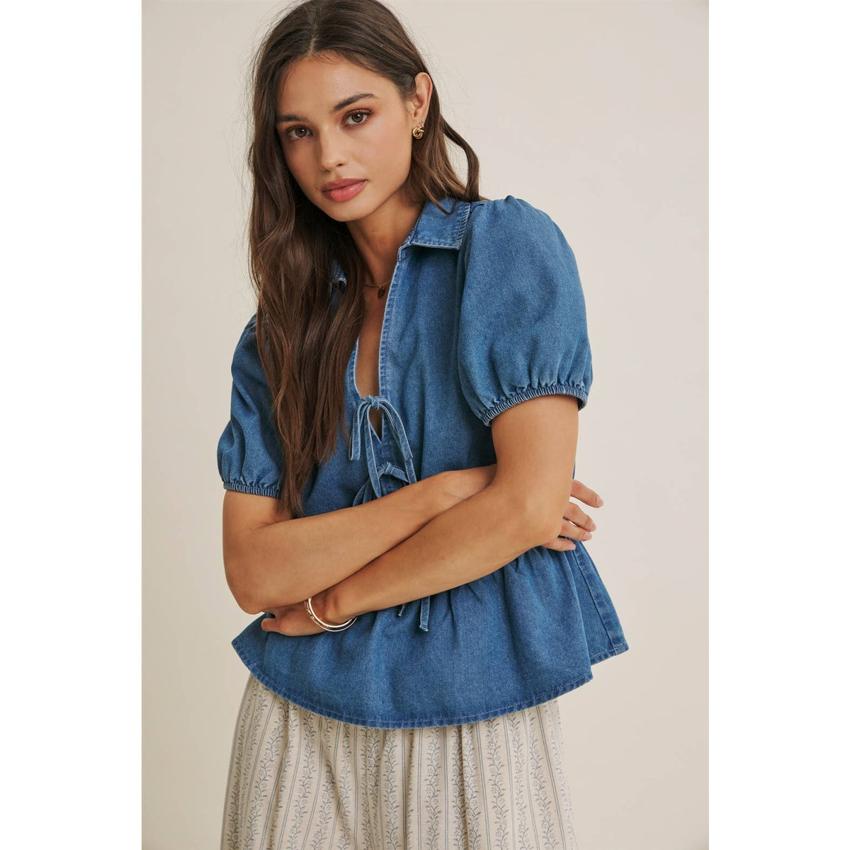 Chambray Denim Bow Blouse