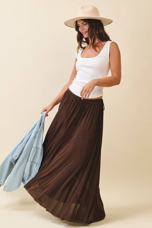 Flowy Mesh Maxi Skirt-Chocolate