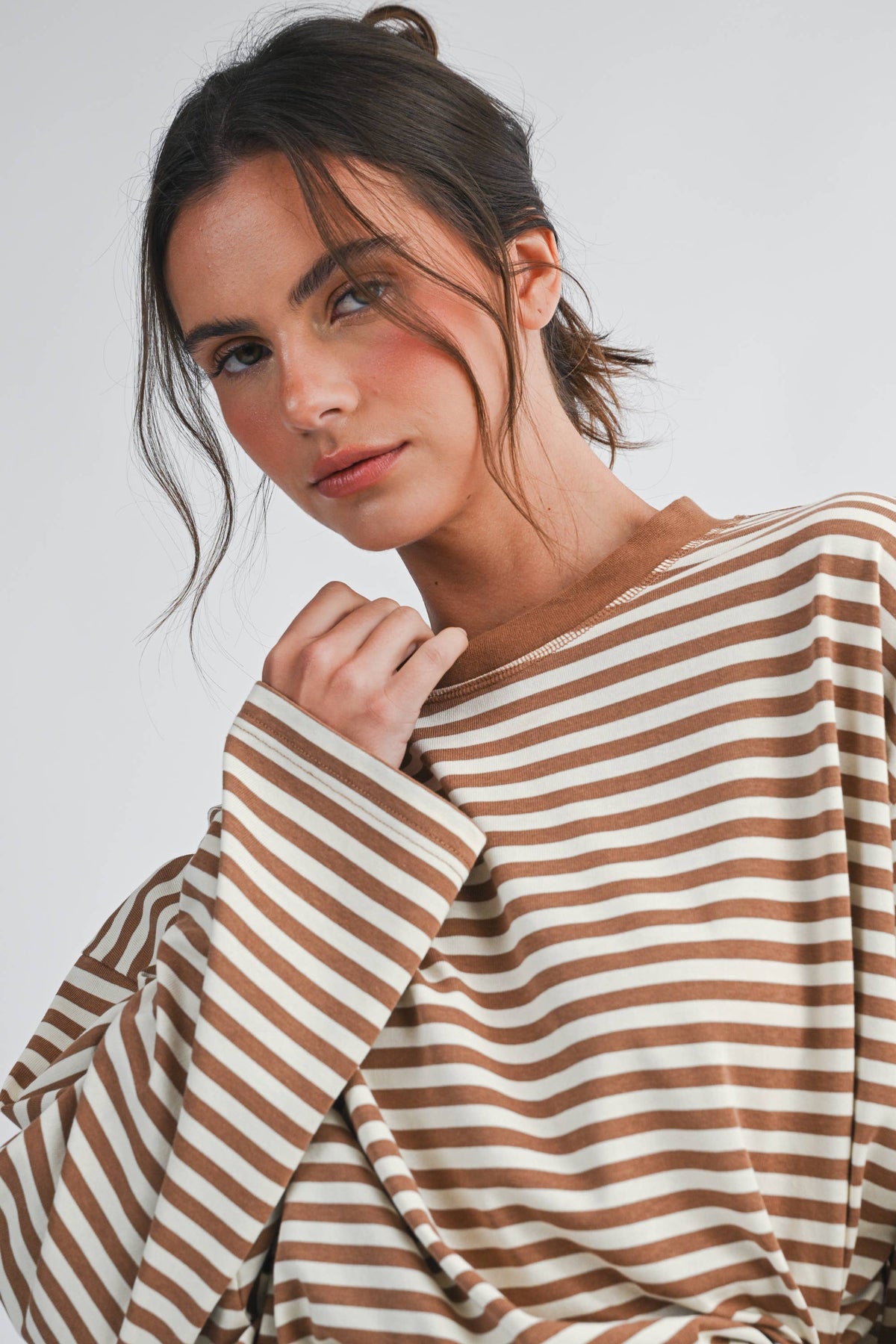 Olivia Oversized Stripe Long Sleeve Top- Latte