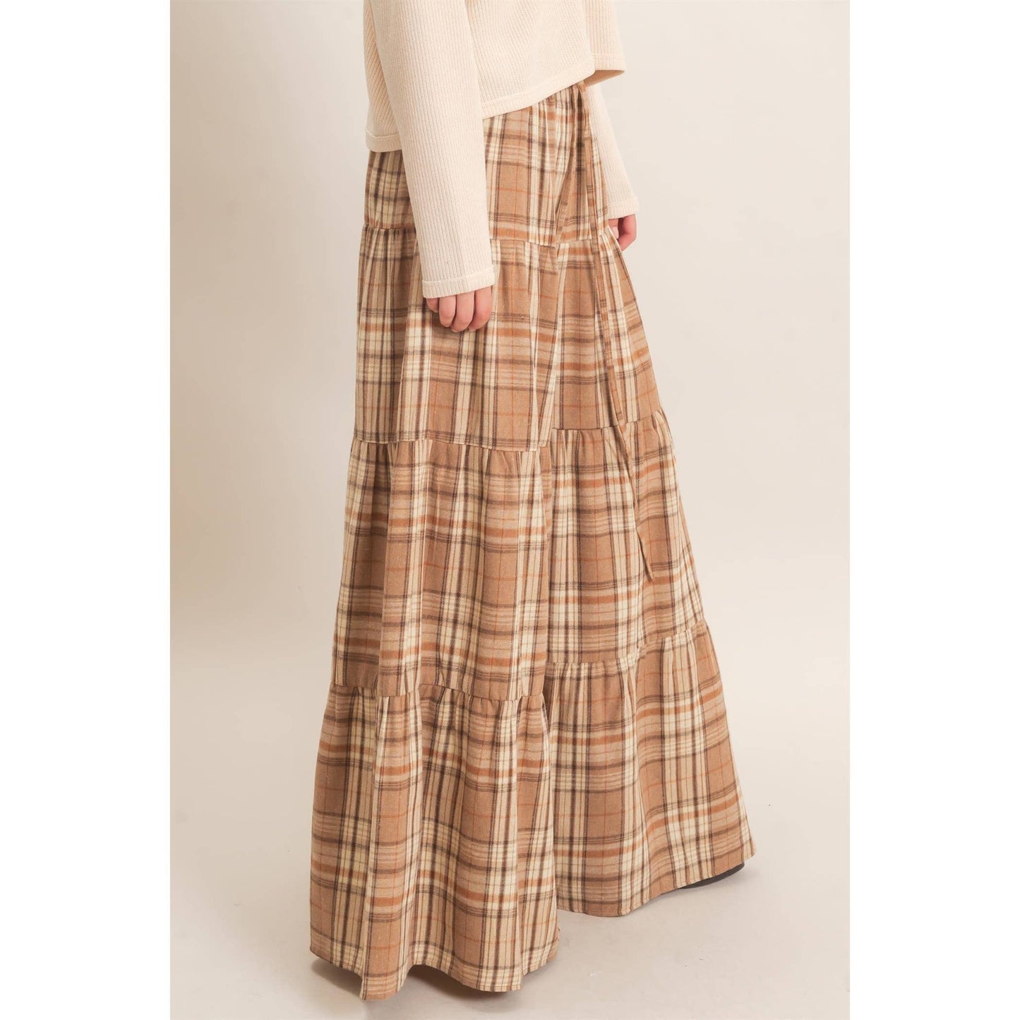 Tiered Plaid Wide-Leg Pants-Mocha