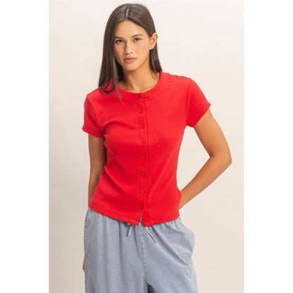 Ribbed Button-Front Crew Neck Top-Red