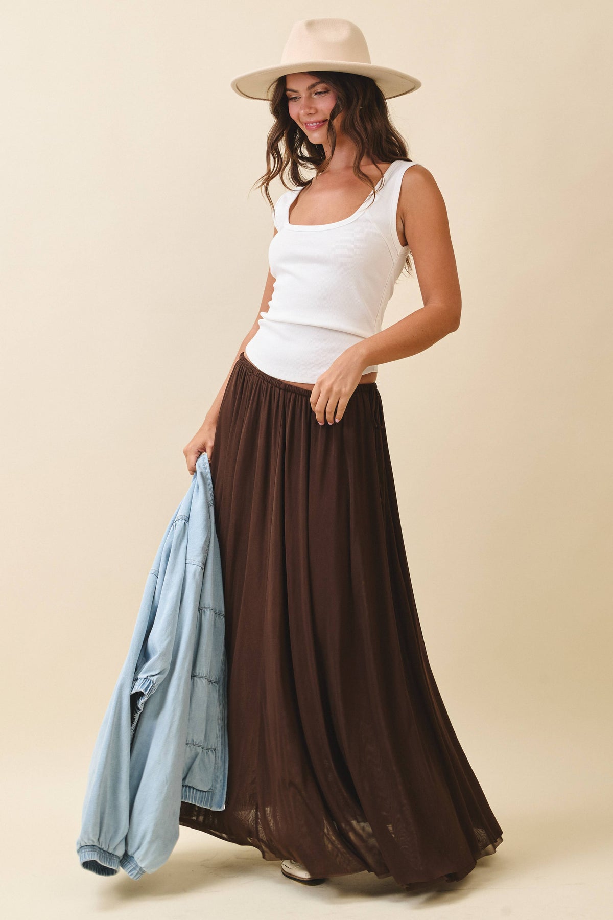 Flowy Mesh Maxi Skirt-Chocolate