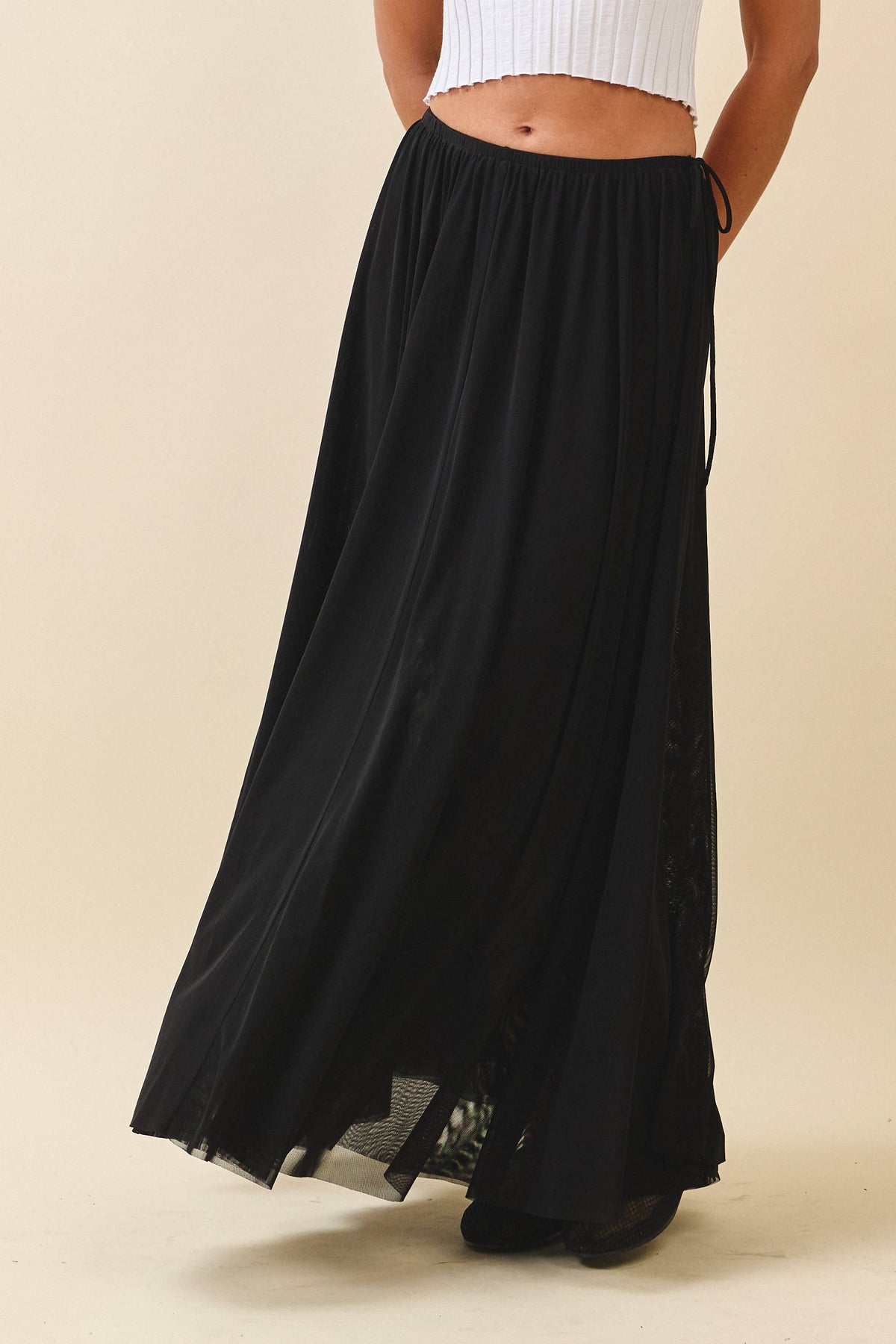 Flowy Mesh Maxi Skirt- Black