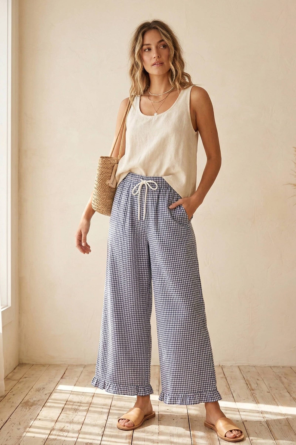 Checkered Gingham Fully Lined Pants-Navy