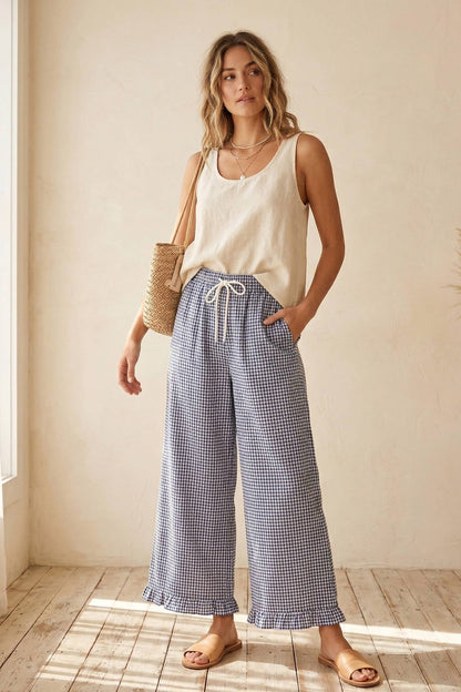 Checkered Gingham Fully Lined Pants-Navy
