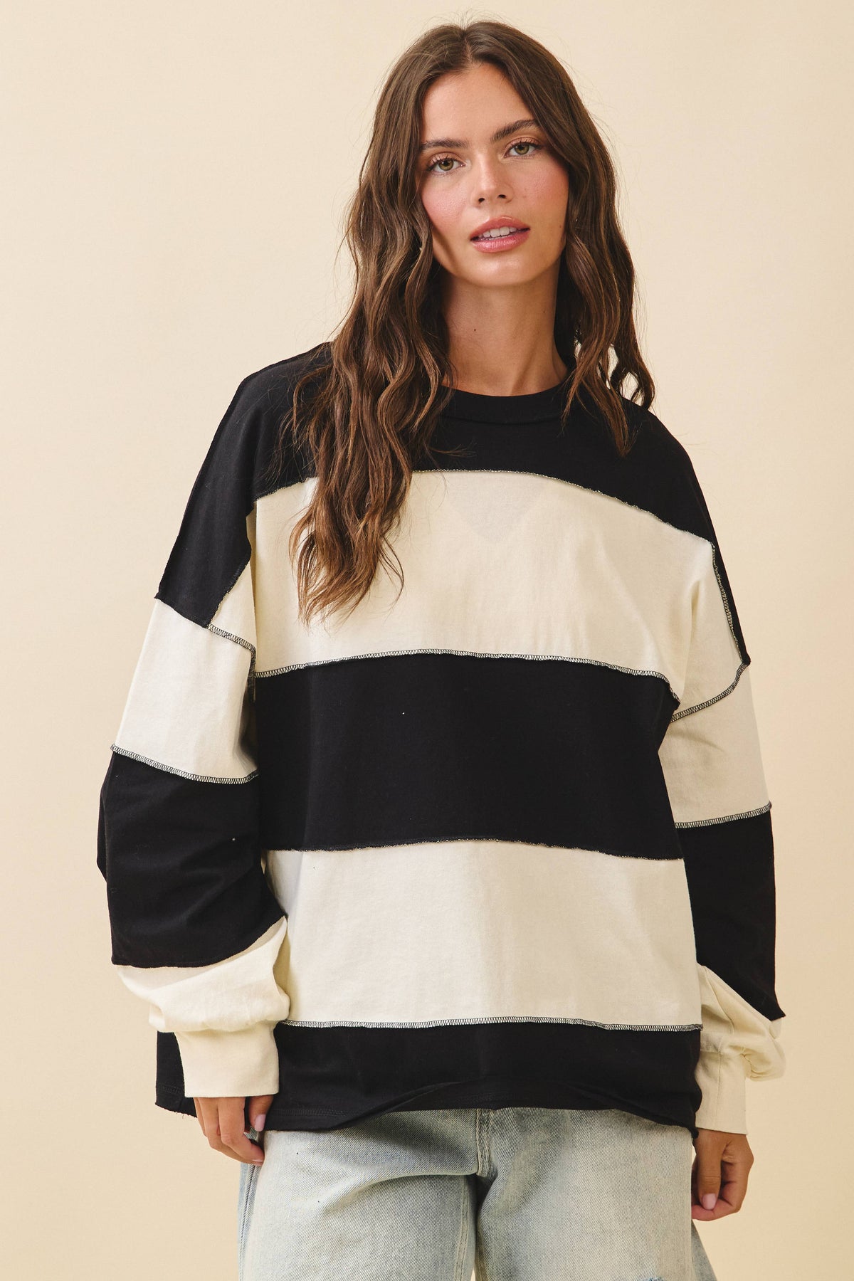 Oversized Color Block Long Sleeve Pullover- Black