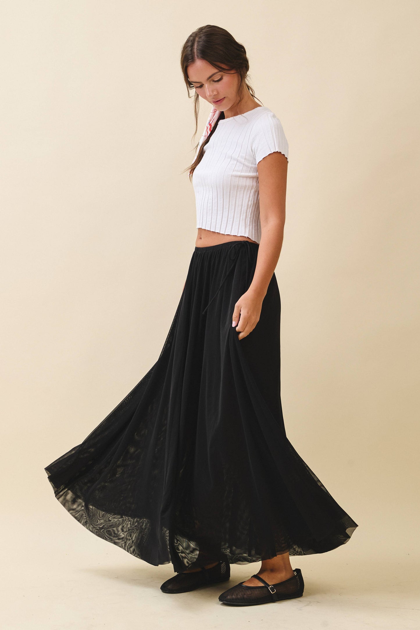 Flowy Mesh Maxi Skirt- Black