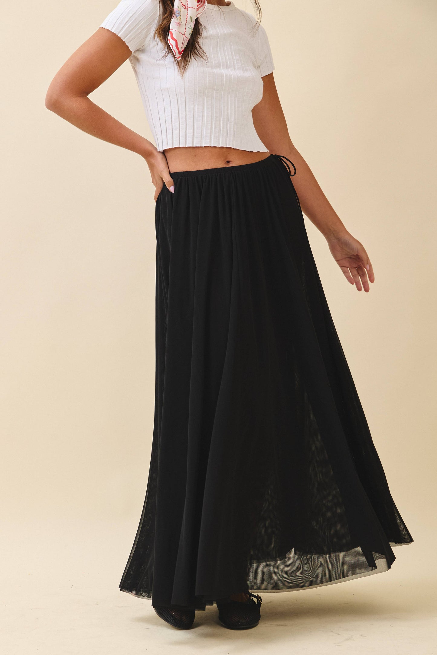 Flowy Mesh Maxi Skirt- Black