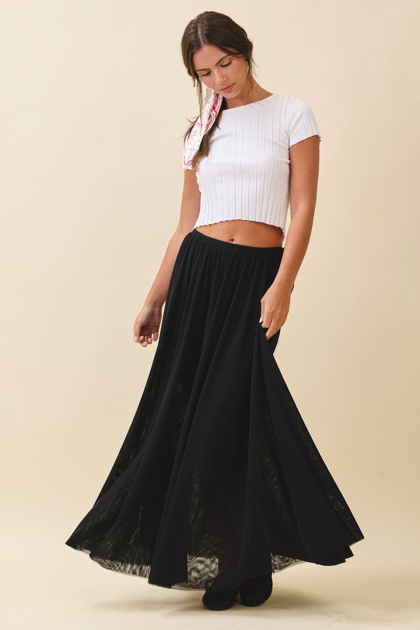 Flowy Mesh Maxi Skirt- Black
