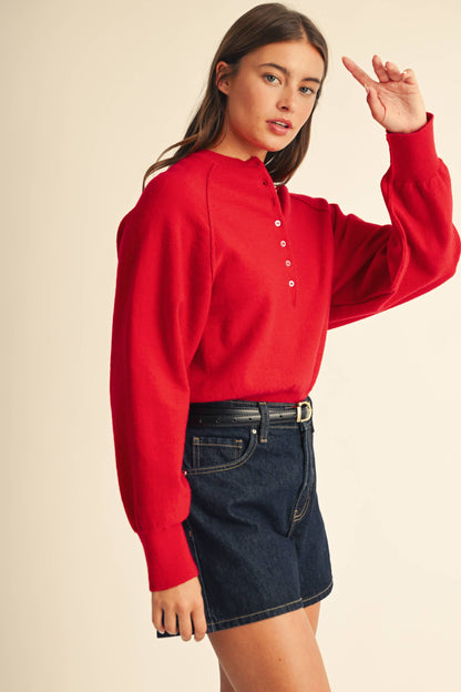 Layla Luxe Knit Henley Pullover Sweater- Red