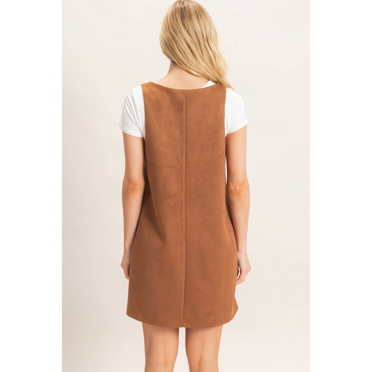 Sleeveless Suede Mini Dress-Camel