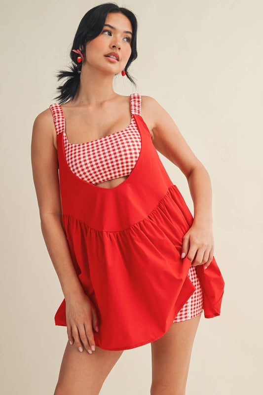 Gingham Print Double Layered Play Dress-Red